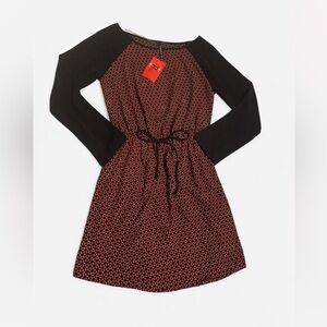 NWT Peppermint sz S Black and Red Long Sleeve Dress blouson tie waist elastic